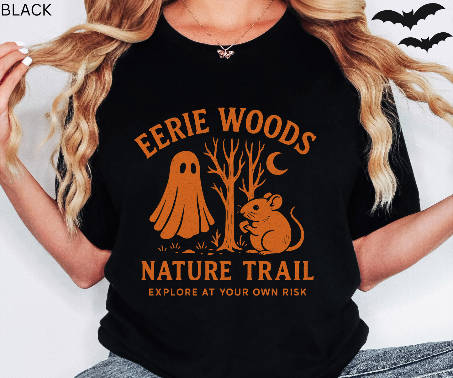 Eerie Woods Nature Trail T-Shirt - Spooky Ghost & Mouse Graphic Tee, Funny Halloween Hiking Shirt, Campfire Top, Fall Gift