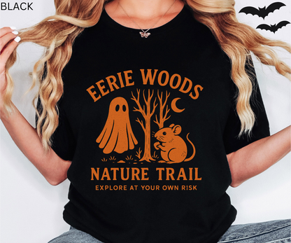 Eerie Woods Nature Trail T-Shirt - Spooky Ghost & Mouse Graphic Tee