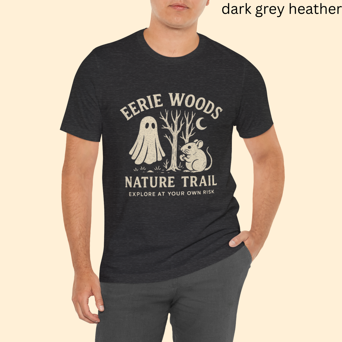 Eerie Woods Nature Trail T-Shirt - Spooky Ghost & Mouse Graphic Tee, Funny Halloween Hiking Shirt, Campfire Fall Gift