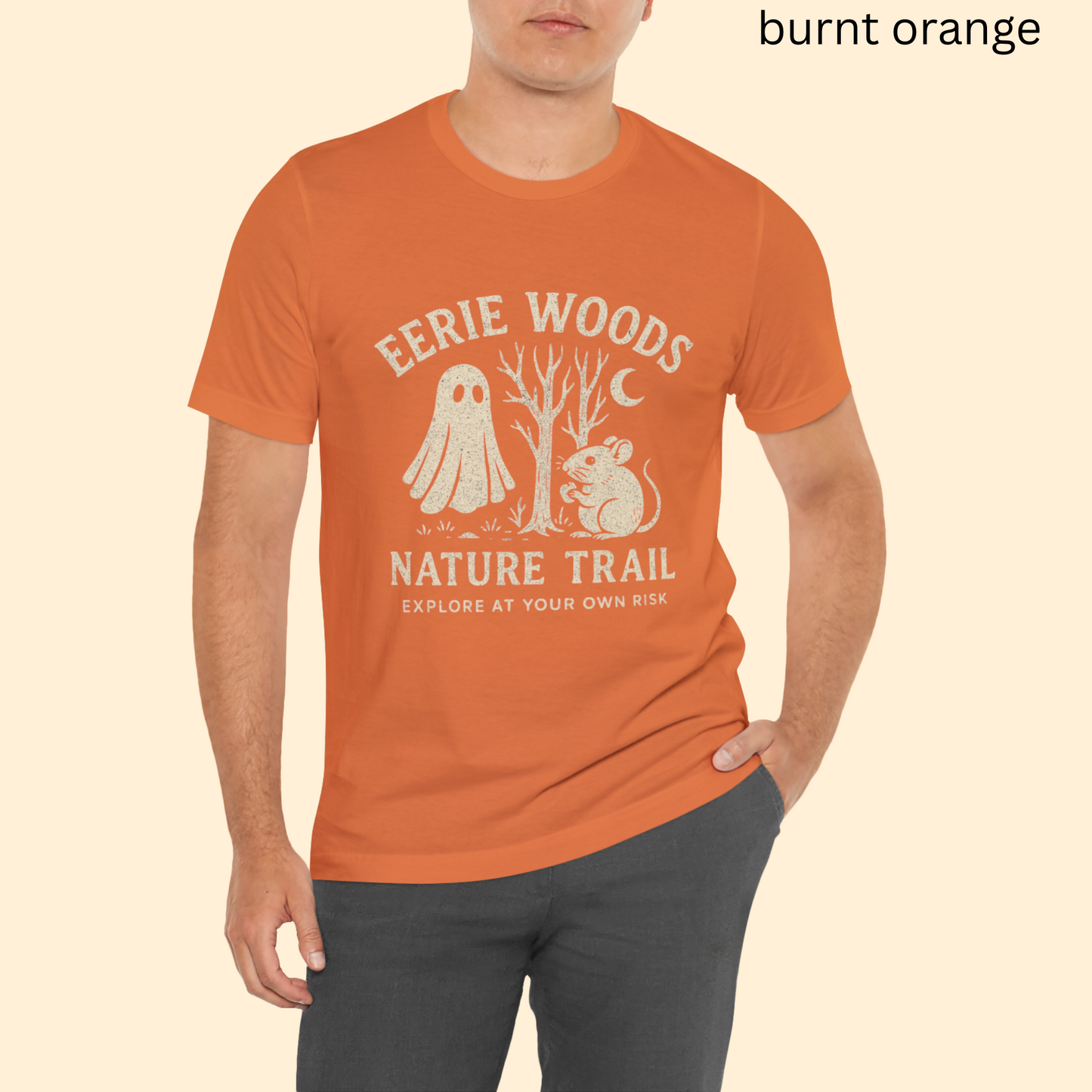 Eerie Woods Nature Trail T-Shirt - Spooky Ghost & Mouse Graphic Tee, Funny Halloween Hiking Shirt, Campfire Fall Gift
