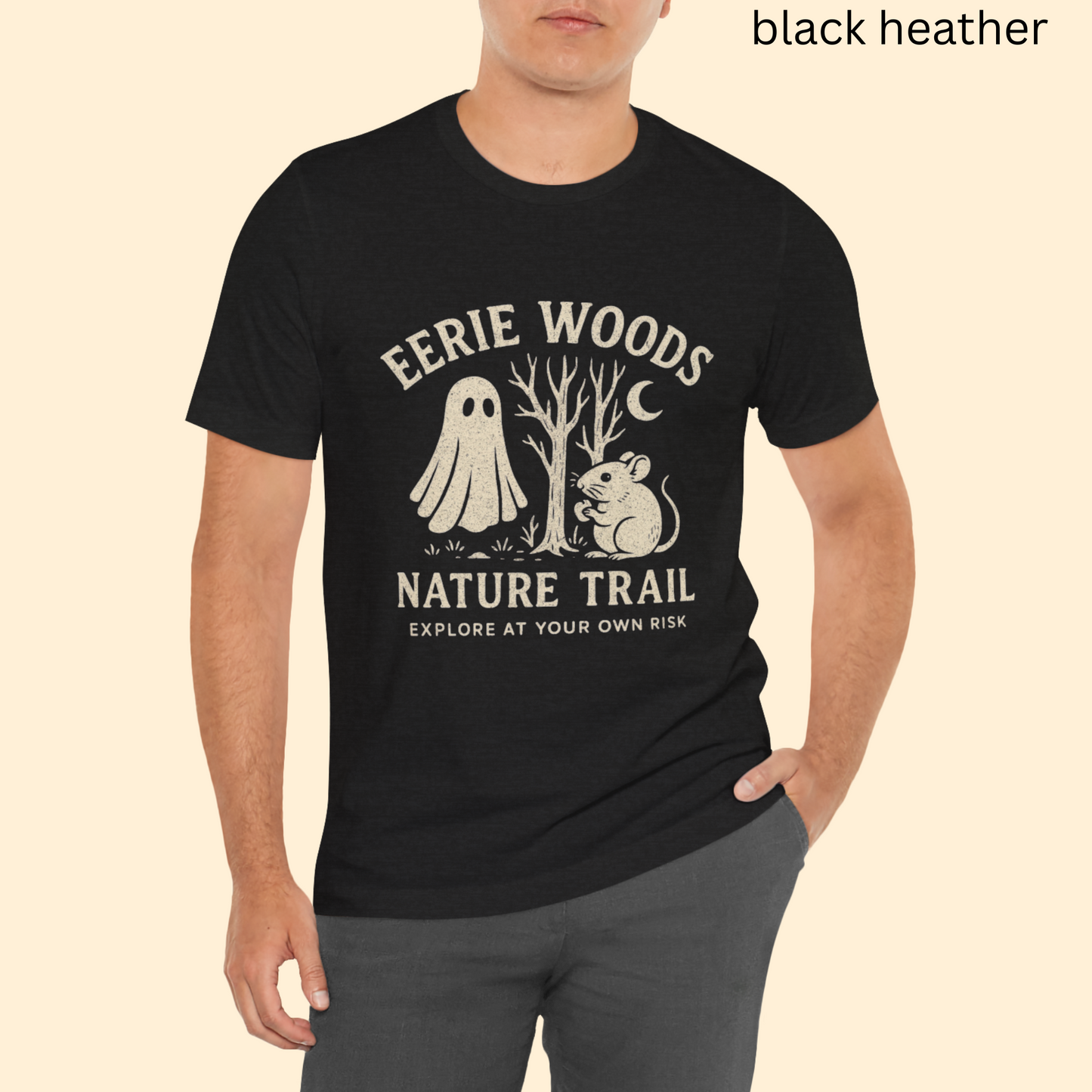 Eerie Woods Nature Trail T-Shirt - Spooky Ghost & Mouse Graphic Tee, Funny Halloween Hiking Shirt, Campfire Fall Gift
