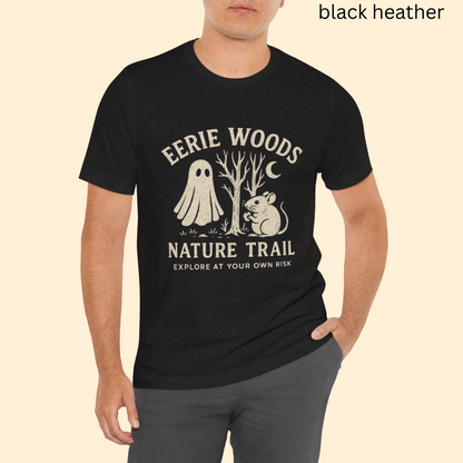 Eerie Woods Nature Trail T-Shirt - Spooky Ghost & Mouse Graphic Tee