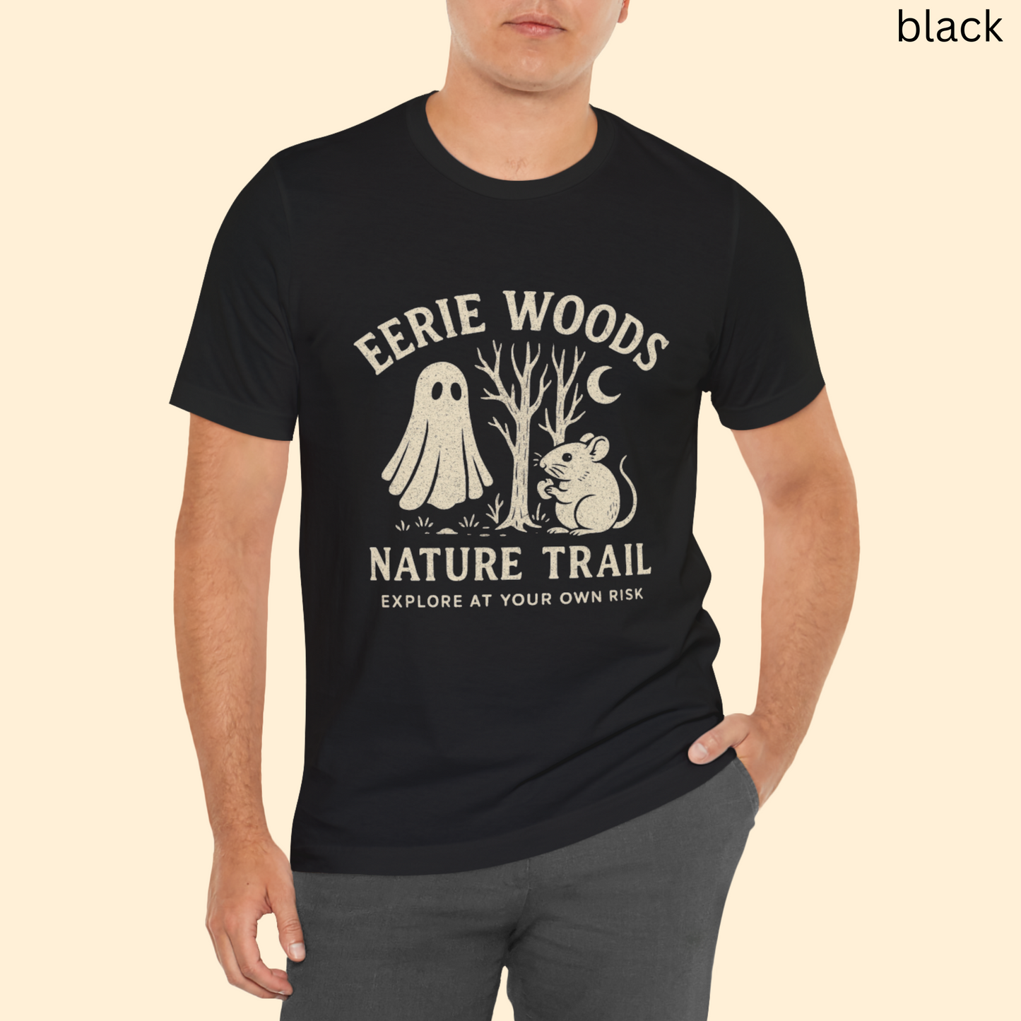 Eerie Woods Nature Trail T-Shirt - Spooky Ghost & Mouse Graphic Tee, Funny Halloween Hiking Shirt, Campfire Fall Gift