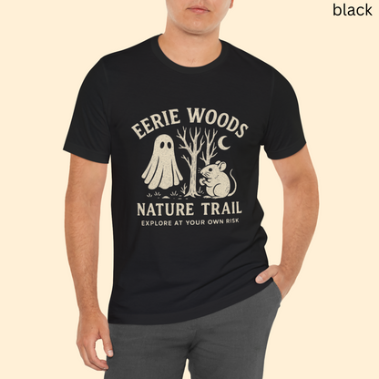 Eerie Woods Nature Trail T-Shirt - Spooky Ghost & Mouse Graphic Tee