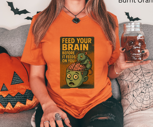 Feed Your Brain Halloween T Shirt - Funny Zombie Rat Graphic Tee, Spooky Vintage Horror Top, Cute Animal Lover Gift, Geeky Bookworms gift