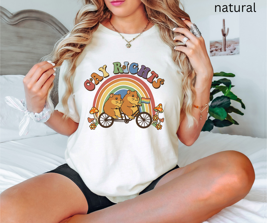 Retro Pride T-Shirt - Vintage Rainbow Graphic Tee with Hamsters on Bike, Gay Rights LGBTQ+ Shirt for Pride, Gift for Pet Owners