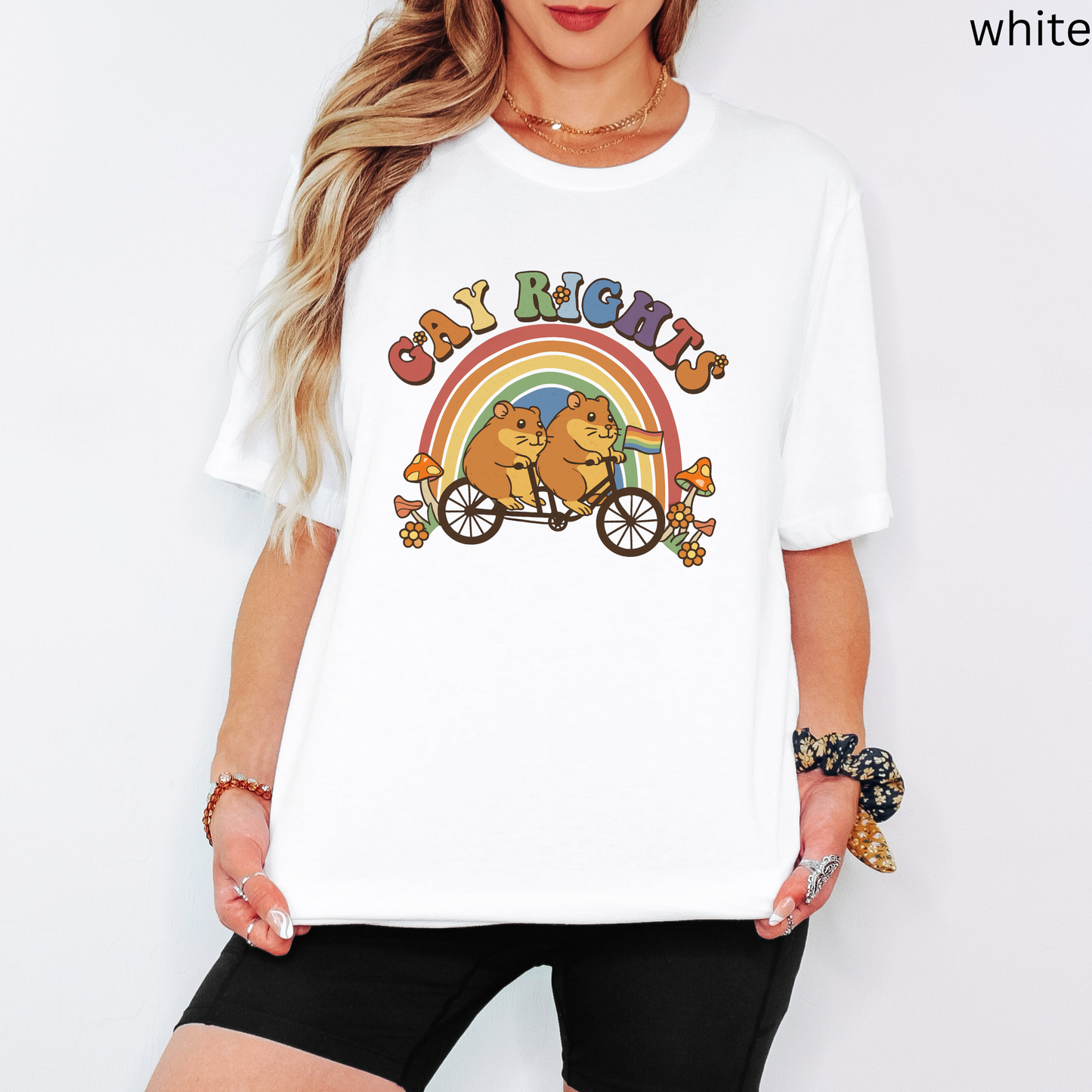 Retro Pride T-Shirt - Vintage Rainbow Graphic Tee with Hamsters on Bike, Gay Rights LGBTQ+ Shirt for Pride, Gift for Pet Owners