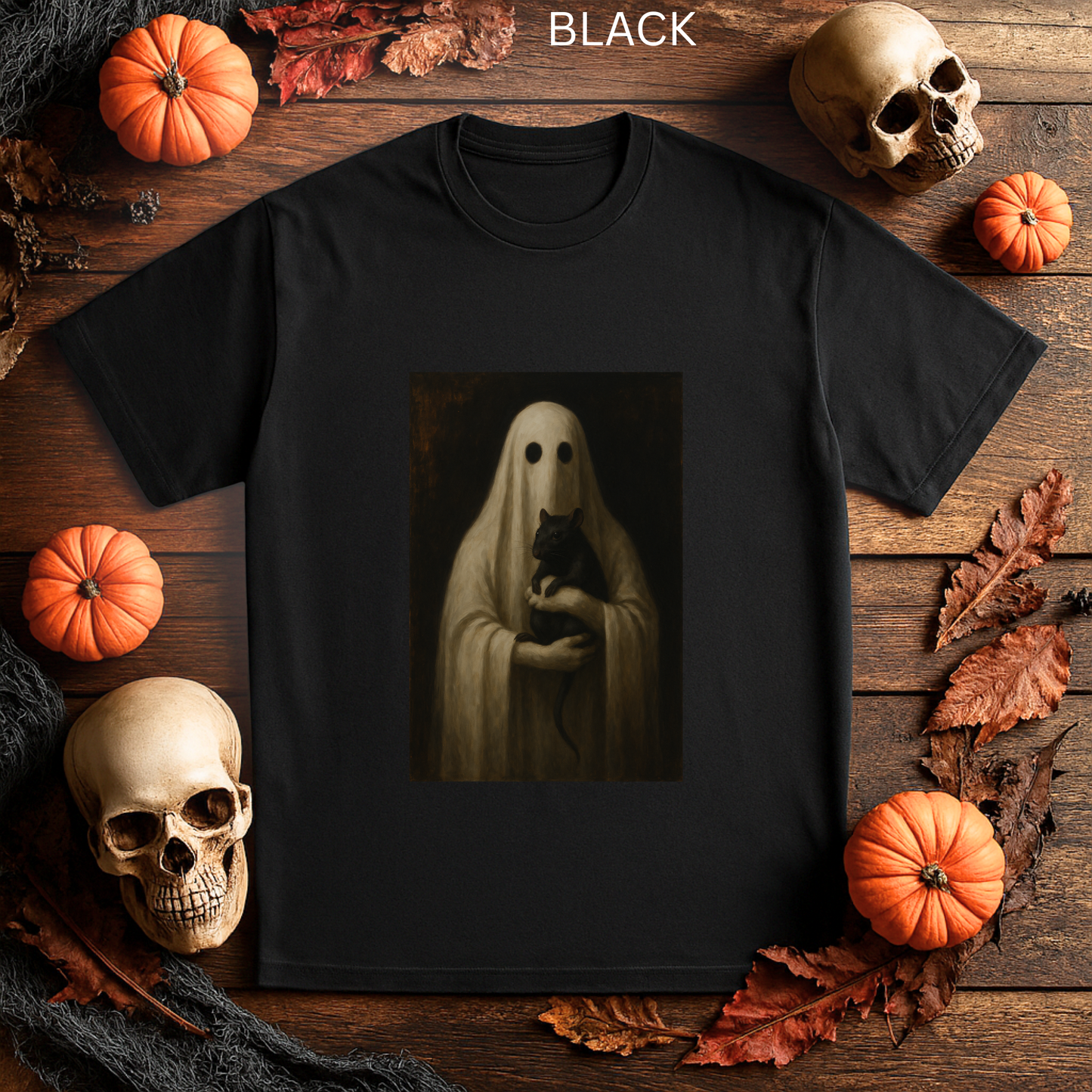 Ghost Holding Rat Shirt - Gothic Dark Art T-Shirt, Creepy Horror Graphic Tee, Spooky Halloween, Eerie Gothic Aesthetic, Gift for Horror Fans