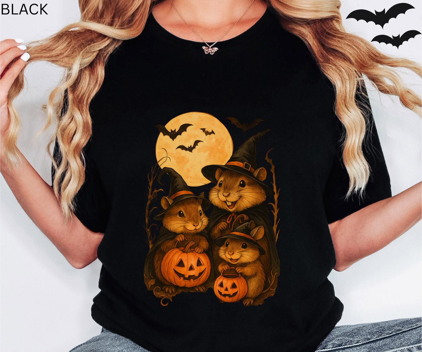 Cute Halloween Rodent Shirt - Cute Mice and Rats Witches with Pumpkins and Full Moon Tee, Haunted familial Campfire, Halloween spooky season