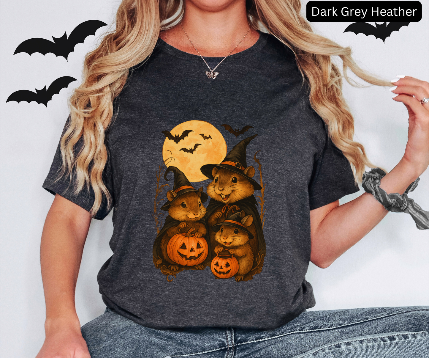 Cute Halloween Rodent Shirt - Cute Mice and Rats Witches with Pumpkins and Full Moon Tee, Haunted familial Campfire, Halloween spooky season