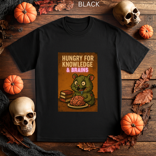 Zombie Hamster Shirt - Hungry for Knowledge Funny Brain T-Shirt, Books Reader gift, Creepy Cute Halloween Top, Dark Humor Gift for Students