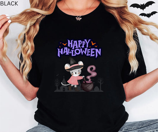 Halloween Witch Mouse T-Shirt - Happy Halloween Rodent Graphic Tee, Spooky Cute Cauldron, Pumpkin Party Shirt