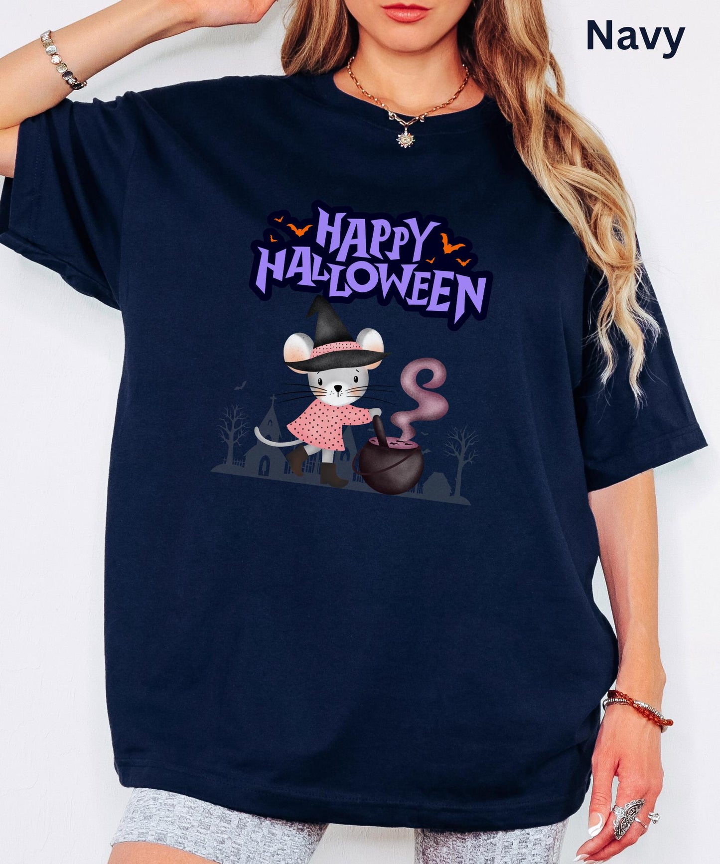 Halloween Witch Mouse T-Shirt - Happy Halloween Rodent Graphic Tee, Spooky Cute Cauldron, Pumpkin Party Shirt