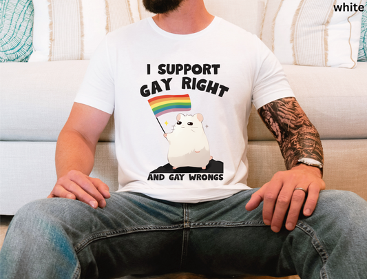 Funny Hamster Pride Shirt - LGBTQ+ Graphic Tee, I Support Gay Right and Gay Wrongs, Pride Gift Idea, T-Shirt with Rainbow Flag