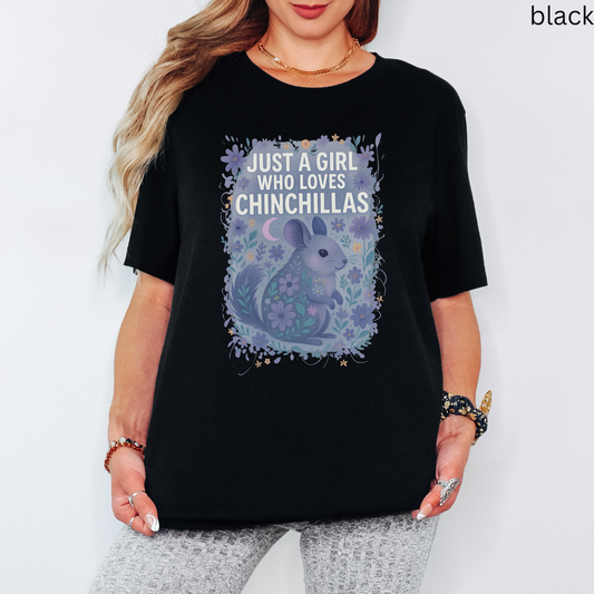 Chinchilla T Shirt - Just A Girl Who Loves Chinchillas, Pet Lover Gift, Whimsical Moonlight, Floral Graphic Tee, Cottagecore Aesthetic