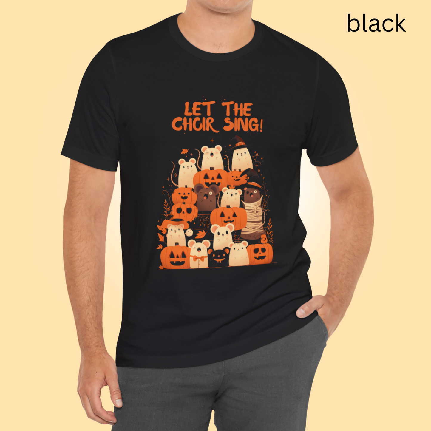 Cute Halloween Choir T Shirt with Singing Rats and Pumpkins, Funny Spooky Fall Graphic Tee for Trick or Treat and Costume Parties