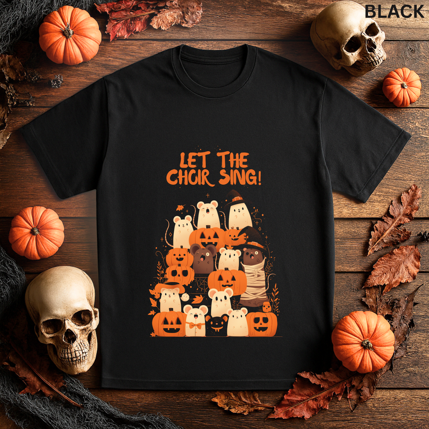 Cute Halloween Choir T Shirt with Singing Rats and Pumpkins, Funny Spooky Fall Graphic Tee for Trick or Treat and Costume Parties