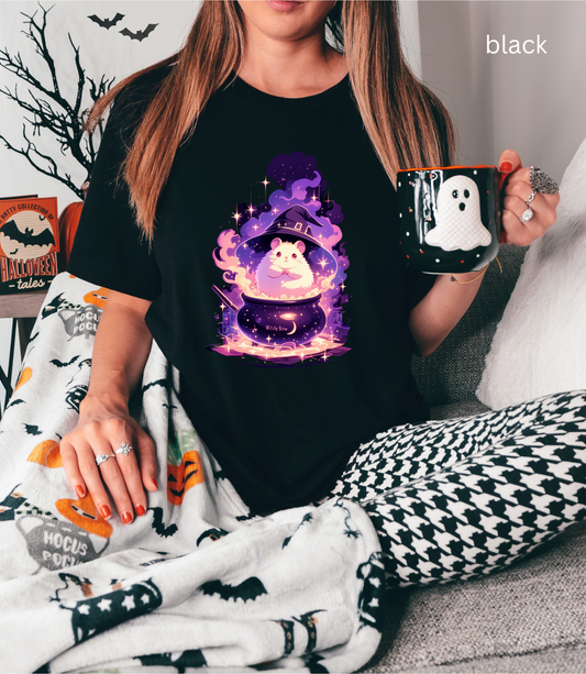 Halloween Magic Tee, Cute Hamster Witchy T-Shirt, Unisex Jersey Short Sleeve Top, Magical Cauldron Shirt, White Fluffy Animal, Spooky Vibes