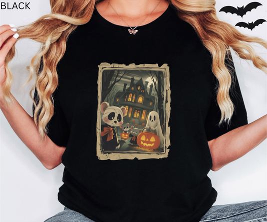 Cute Halloween T Shirt with Cute Mice, Ghosts, Pumpkins and Haunted House, Spooky Fall Graphic Tee for Trick or Treat and Costume Parties
