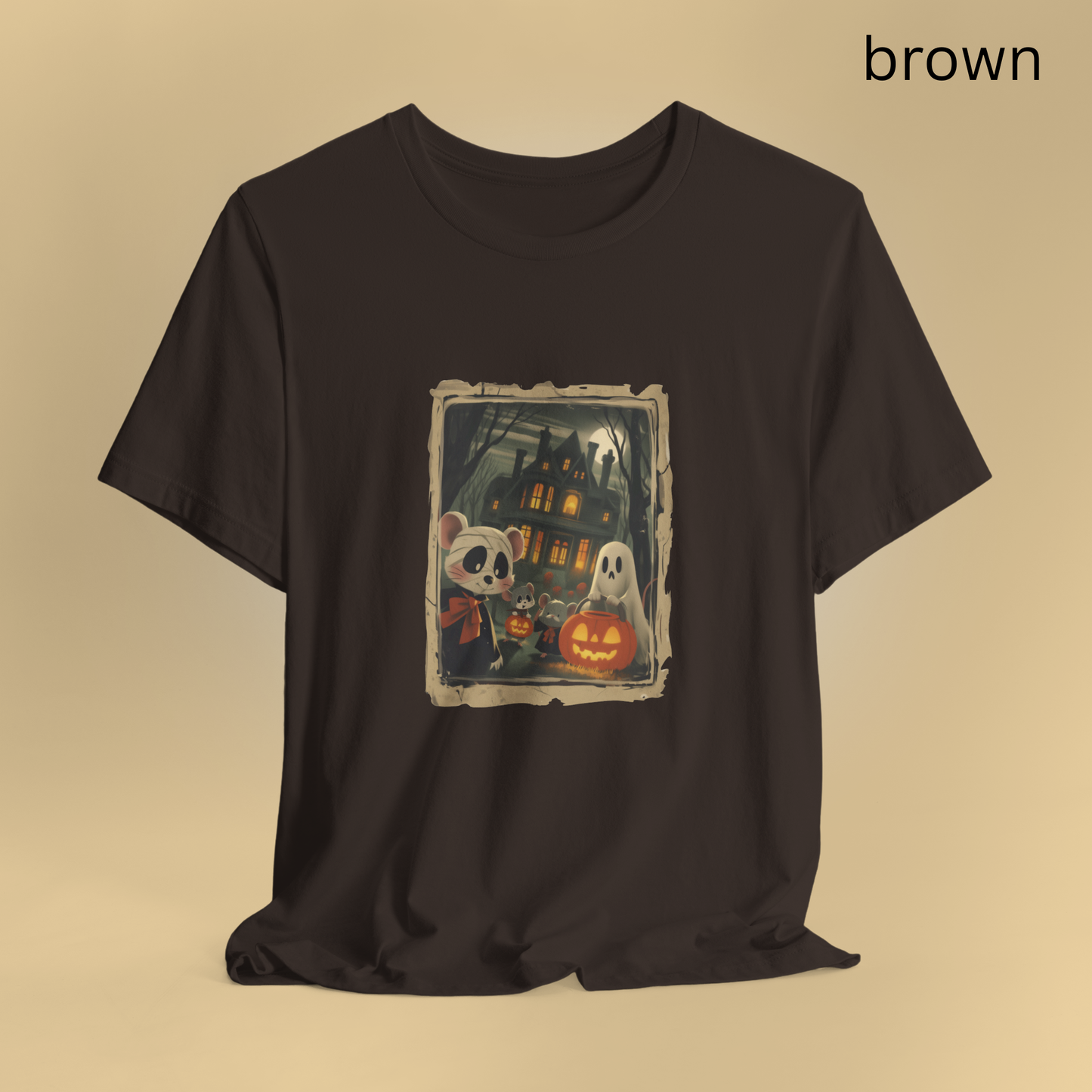 Cute Halloween T Shirt with Cute Mice, Ghosts, Pumpkins and Haunted House, Spooky Fall Graphic Tee for Trick or Treat and Costume Parties