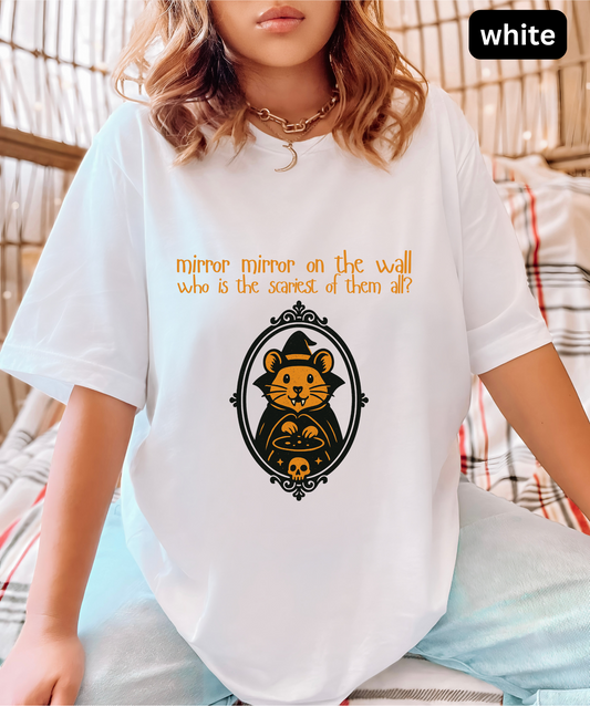 Funny Hamster Halloween T Shirt - Mirror Mirror Fairy Tale Parody Tee, Spooky Cute Witch Graphic Top, Animal Lover Fall Gift