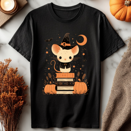 Fall Colors Cute Mouse Unisex Tee, Pumpkin Book Pile Shirt, Autumn Graphic T-Shirt, Gift for Readers, Halloween Tee, Thanksgiving Apparel