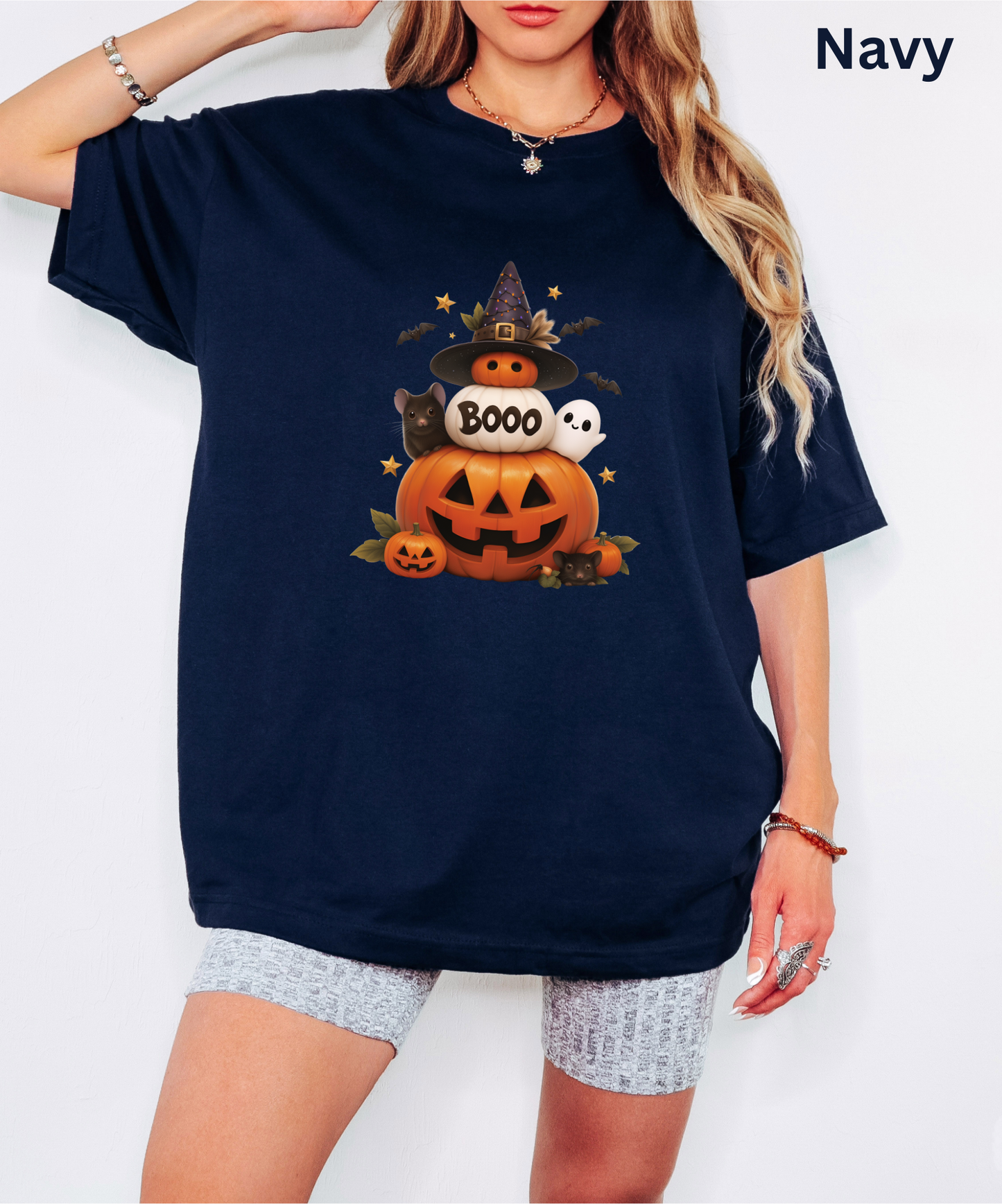 Cute Pumpkin Ghost Shirt - Boo Halloween T-Shirt, Spooky Mice and Witchy Pumpkin Stack Tee, Creepy Cute Fall Top