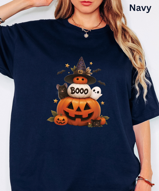 Cute Pumpkin Ghost Shirt - Boo Halloween T-Shirt, Spooky Mice and Witchy Pumpkin Stack Tee, Creepy Cute Fall Top