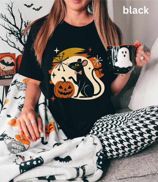 Retro Halloween Rat T Shirt - Mid Century Vintage Style Graphic Tee, Spooky Pumpkin Top, Atomic Starburst Fall Aesthetic Gift