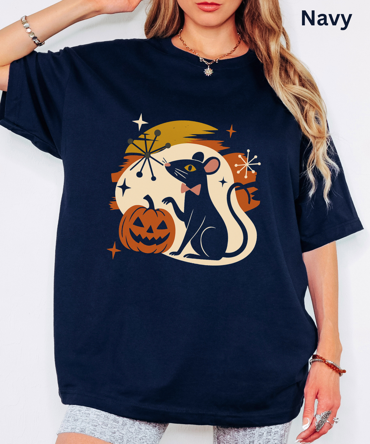 Retro Halloween Rat T Shirt - Mid Century Vintage Style Graphic Tee, Spooky Pumpkin Top, Atomic Starburst Fall Aesthetic Gift