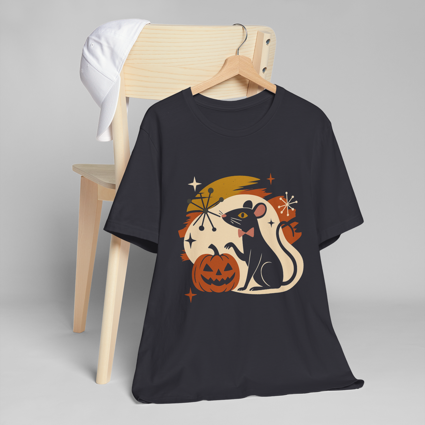 Retro Halloween Rat T Shirt - Mid Century Vintage Style Graphic Tee, Spooky Pumpkin Top, Atomic Starburst Fall Aesthetic Gift