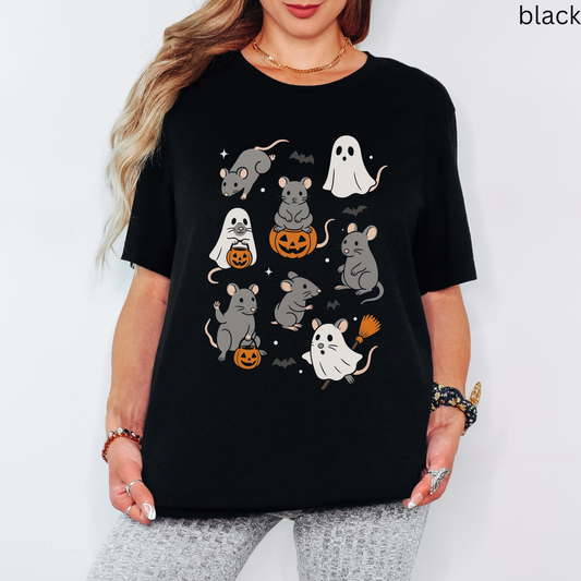 Halloween Ghost Mouse T-Shirt - Spooky Cute Rodent Graphic Tee with Pumpkins and Bats Trick or Treat Costume Shirt