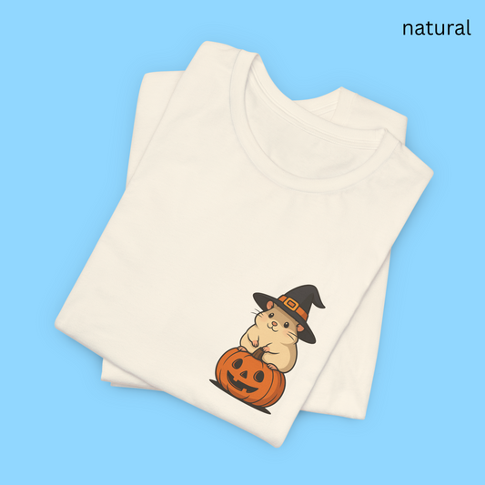 Minimalist kawaii Hamster Halloween T Shirt - Cute Witch Hat Pumpkin Pocket Size Style Graphic Tee, Spooky Subtle Fall Outfit Gift
