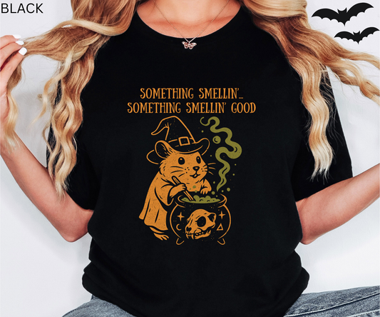 Funny Halloween T Shirt - Something Smelling, Creepy Cute Witch Hamster Tee, Dark Humor Spooky Top, Cauldron Parody Gift, Spooky Season